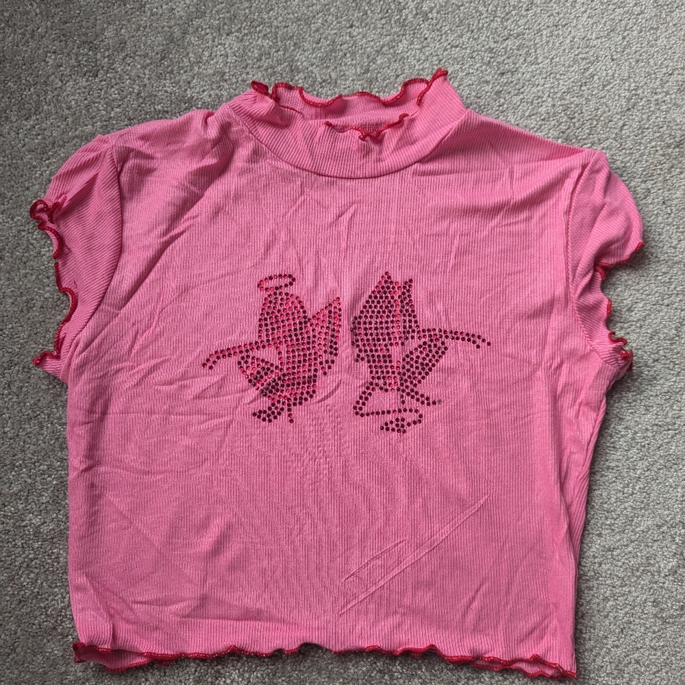 Pink angel & devil sequin baby tee